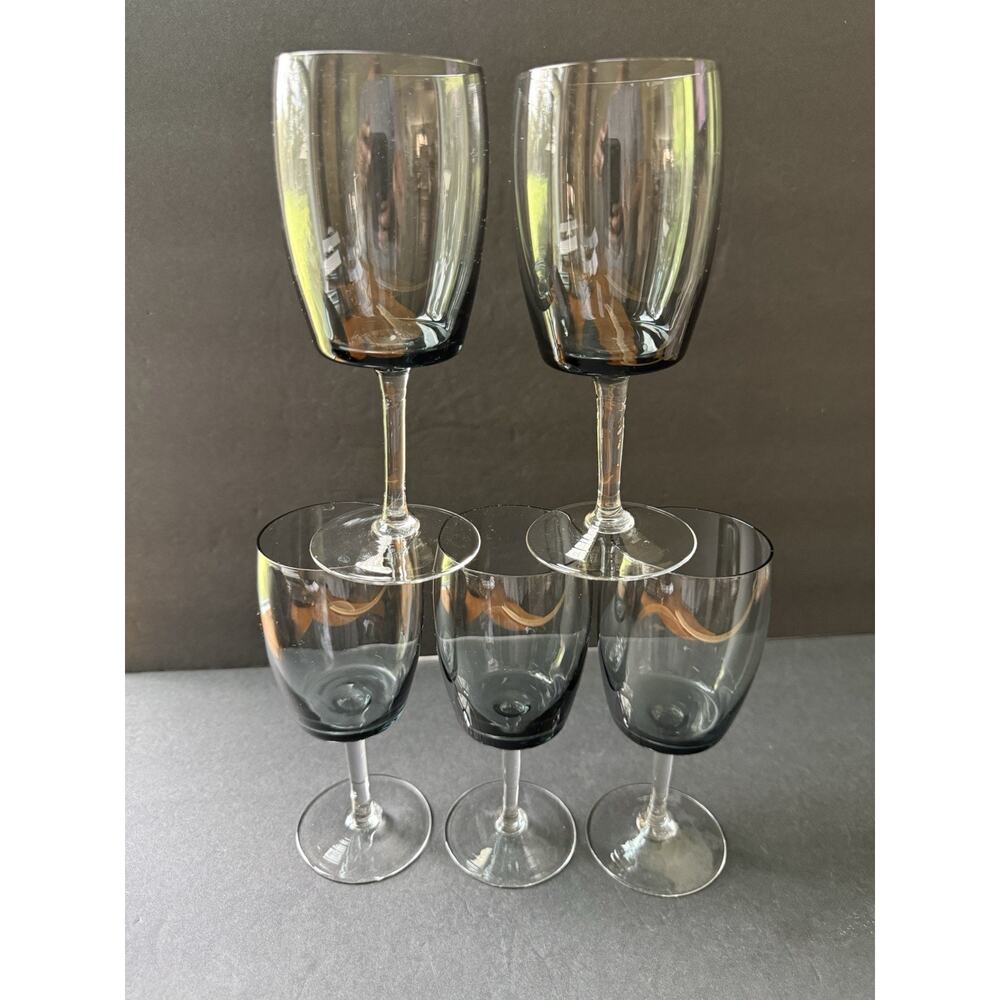 Vintage Danish Modern Mid Century Smoke Gray Clear Stem Glasses Set (5) Barware